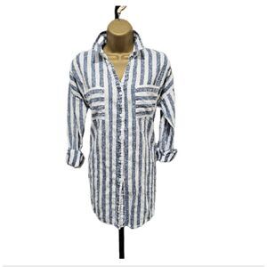 Shirt Womens Small Blue White Stripe Chambray Beach Coastal Cotton Thread Supply
